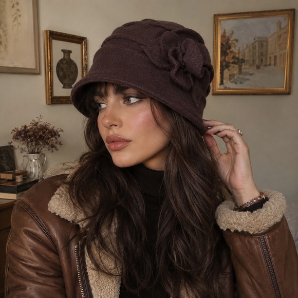 Unbranded Accessories - Vintage Style 100% Wool Cloche Hat Brown Flower Accent Art Flapper Hat Whimsical